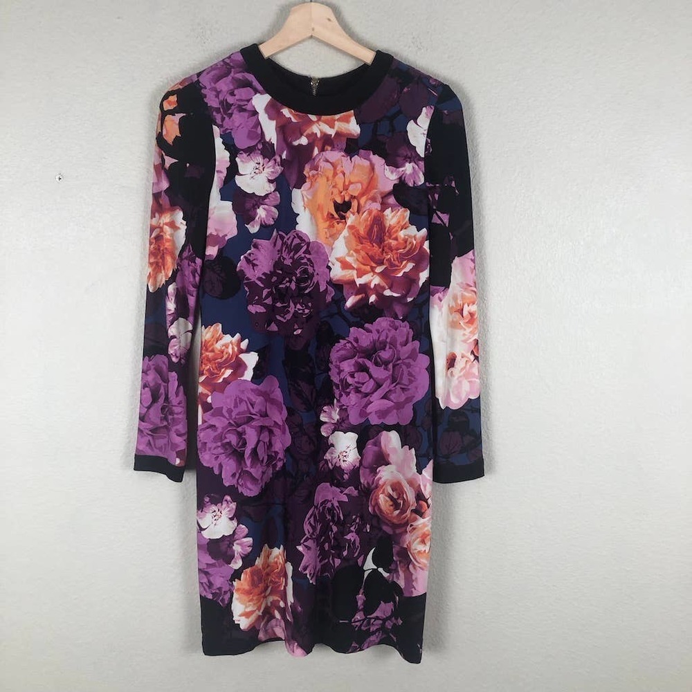 ELIZA J Dress Purple‎ Floral Long Sleeve Exposed Zip Versatile Colorful Womens 2